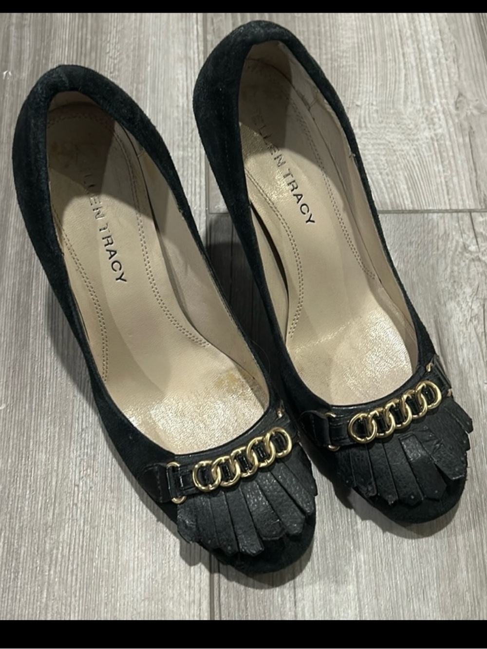 Ellen Tracy Black Suede Fringe Heels Size 7.5